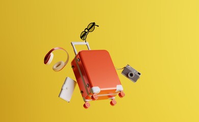 Vibrant summer travel accessories floating on yellow background. Minimal summer vacation concept. 3d rendering