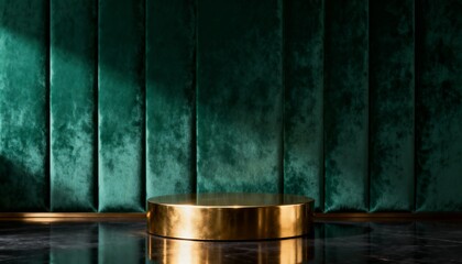 Elegant gold cylindrical podium on dark marble floor against a rich emerald green velvet backdrop, luxurious product display background, minimal studio setup for advertising