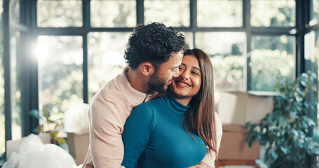 Hug, love and moving with couple in new home for property investment, trust and partner. Support, real estate growth and homeowner purchase with man and woman in house for relocation and rent