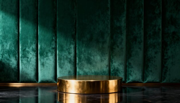 Elegant gold cylindrical podium on dark marble floor against a rich emerald green velvet backdrop, luxurious product display background, minimal studio setup for advertising