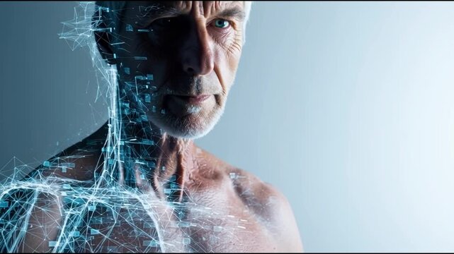 Sarcopenia. Muscle Loss. Aging Health. A digital illustration of an older man's profile with abstract elements.