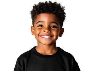 Portrait of a young african american boy smiling with curly hair against a black background studio shot