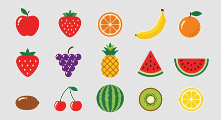 Flat lay of colorful fruit icons: apple, strawberry, orange, banana, grape, pineapple, watermelon, kiwi, cherry, lemon; bright, vibrant style against a grey background.