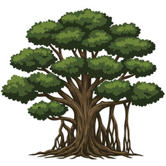 A large banyan tree with prominent aerial roots stands as a flat 2D vector illustration, isolated on a clean plain white background, highlighting its majestic botanical structure.