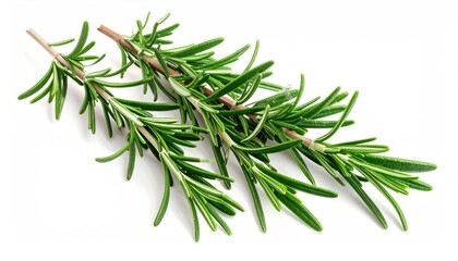 Obraz premium A sprig of rosemary lies diagonally on a white surface. Green needles form dense foliage along the thin, tan-colored stem
