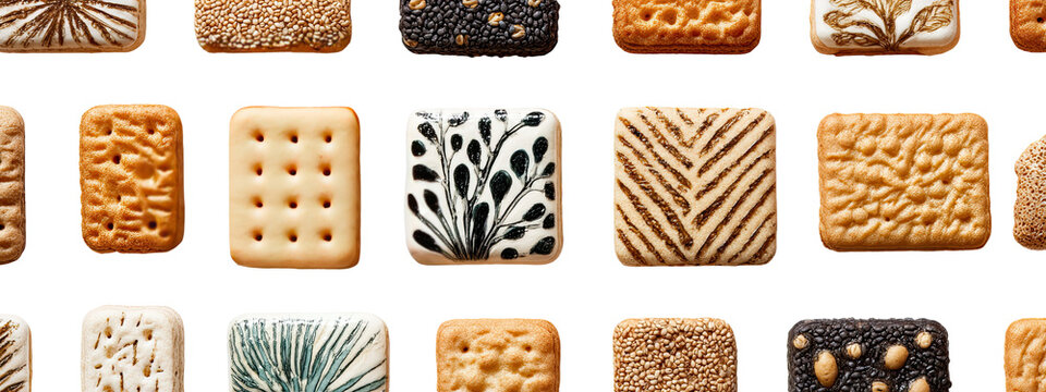 Assorted decorated biscuits in a grid pattern