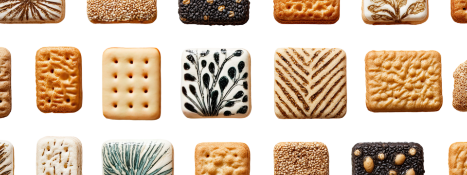 Assorted decorated biscuits in a grid pattern