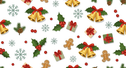 Christmas seamless pattern with gold bells, gift boxes, gingerbread men, holly, and snowflakes on a white background, flat lay style, festive red and green color palette.