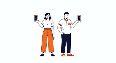 Discover mobile app features with modern design people holding phones, perfect for advertising technology