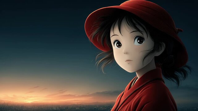 Anime Girl Gazing at the City Sunset's Tranquil Moment