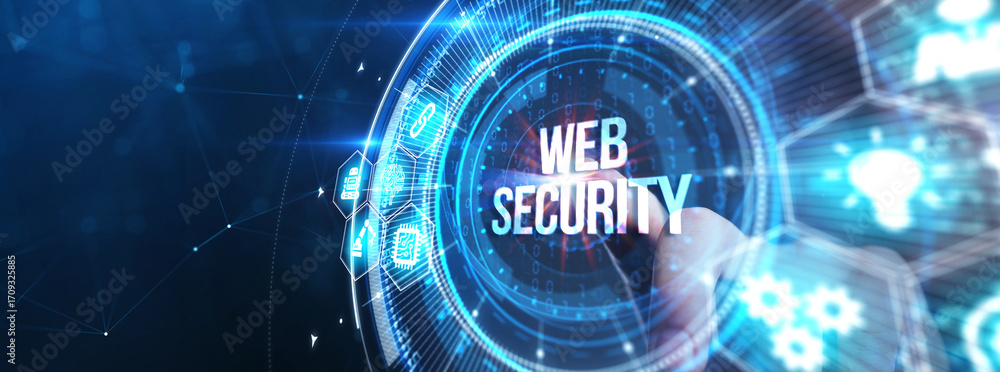 Poster web security. cyber security, computer data encryption and internet protection.