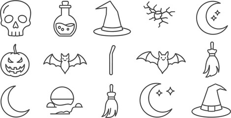 Flat lay of Halloween icons: skull, potion bottle, witch hat, cracked ground, crescent moon, pumpkin, bats, wand, broom; simple line art style, monochrome aesthetic