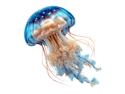 Bioluminescent blue and tan jellyfish with white spots and flowing tentacles marine ocean, Isolated, Png Transparent Background