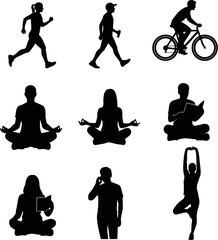 Nine black silhouettes of people engaging in various activities, including running, yoga, cycling, and reading, against a white background; a flat-lay illustration with