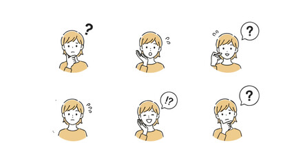 Curious woman expressing confusion and thoughtful contemplation through various facial expressions and thought bubbles