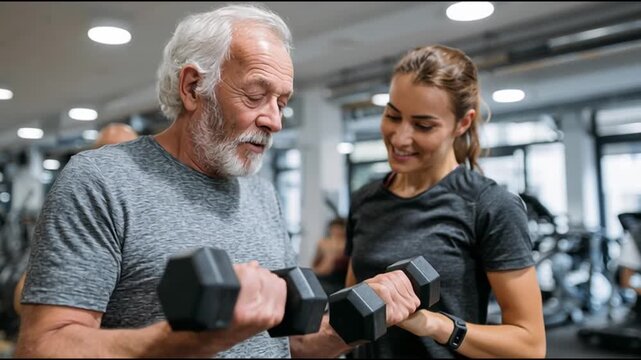Sarcopenia. Muscle Loss. Aging Health. An elderly man and a woman workout together with dumbbells.
