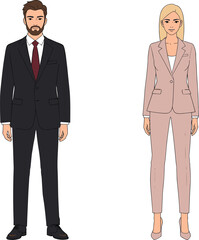 Business attire illustration, professional fashion vector, male and female outfit, corporate clothing design, formal wear comparison, workplace style concept