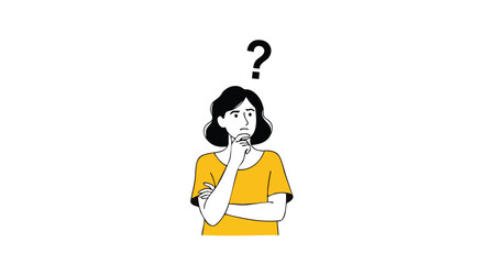 Pensive woman with question mark pondering difficult decision or problem solving