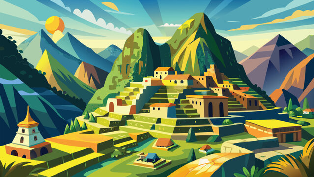 Vector art of a vibrant and colorful illustration of the ancient inca city of machu picchu nestled in the andes mountains, peru