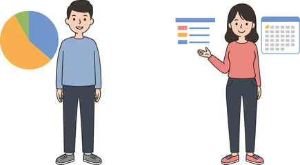 Business characters with charts and calendar, workplace data visualization, office attire, vector illustration for corporate planning and analytics concept