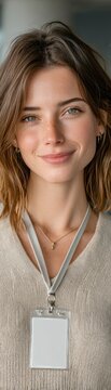 Focused businesswoman wearing simple id lanyard in professional attire ready to engage in networking and business activities with a clear expression of determination