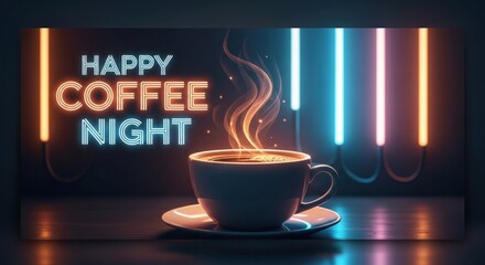 Enjoy a warm cup of coffee on a vibrant neon-lit night.