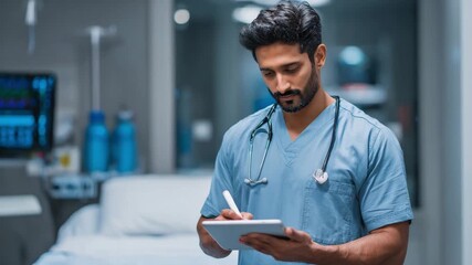 Focused Male Doctor in Scrubs Using Digital Tablet with Stylus in Modern Hospital Room - Powered by Adobe