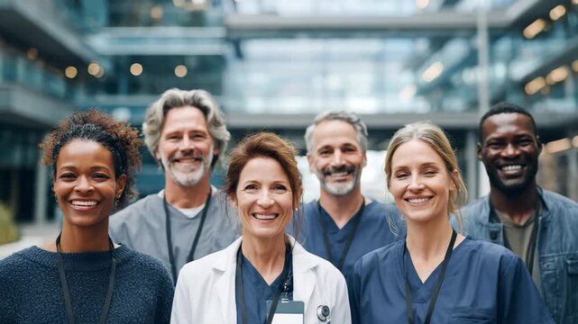 Diverse and Confident Medical Team Smiling in Front of Modern Hospital Building