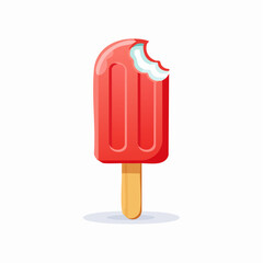 A strawberry popsicle with a bite taken out, showing its delicious texture and a wooden stick.