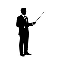 Man in suit pointing with pointer stick silhouette isolated on white background
