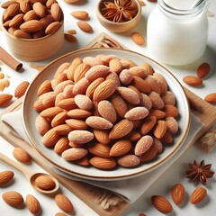 A pile of candied almonds isolated in a plate on a white background.