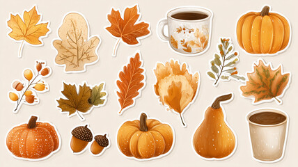 Autumn leaves pumpkins acorns and mugs