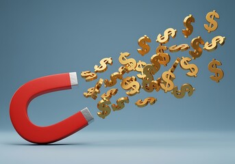 Red magnet attracting gold dollar signs financial success and wealth accumulation illustration on a blue background