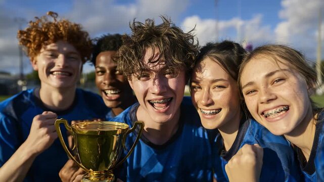 Diverse Teen Sports Team Celebrating Victory with Golden Trophy on Sunny Field