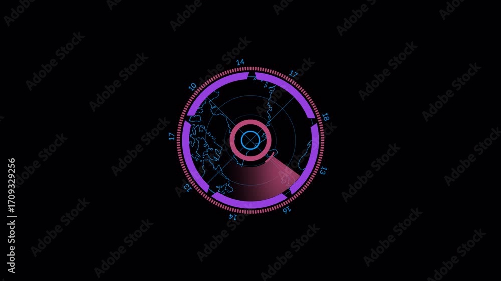 Poster futuristic circular interface with neon lights and data visualization.