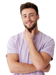 Portrait of a smiling man in a lilac t shirt with his hand on his chin against a black background