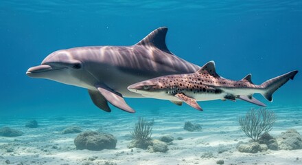 Fototapeta premium Dolphin and Leopard Shark Swimming Together in Tropical Blue Ocean