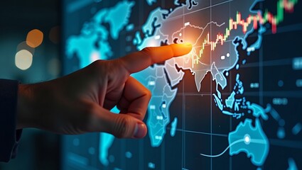 Global stock market trends and data visualization with hand interaction on digital map, highlighting financial growth analysis