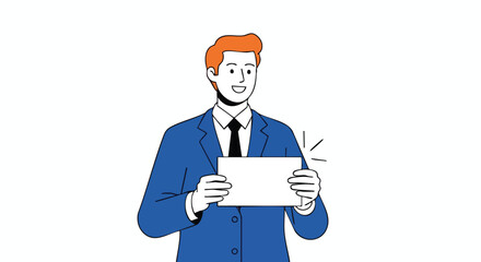 Confident businessman in suit cheerfully presents important message on blank sign for your project