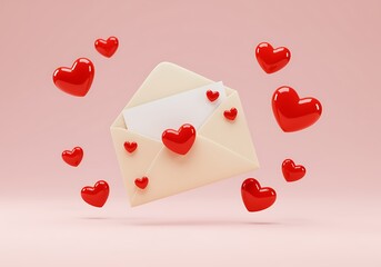 Romantic Valentines Day Theme Featuring Beige Envelope and Red Hearts on Pink Background Perfect for Love Letters and Special Occasions