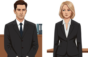 Business professionals, formal attire, office setting, corporate team, workplace illustration, vector characters, desk background, binders, professional staff, clipart