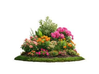Vibrant pink orange and green floral arrangement with lush foliage flowers, Isolated, Png Transparent Background