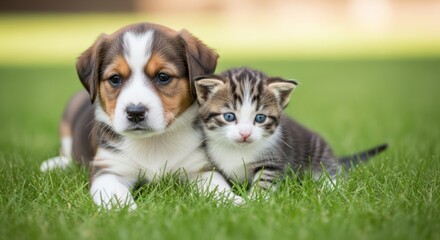 Puppy and kitten lying together on the grass.