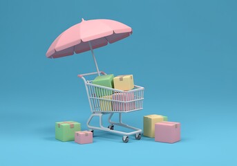 Shopping cart filled with pastel boxes under a protective umbrella concept of secure online shopping and delivery services