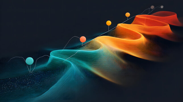 Optimization of customer experience design and journey. Abstract data waves with colorful nodes on a dark digital background