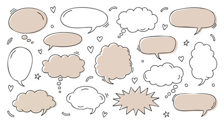 Fototapeta premium Hand-drawn speech bubbles and hearts in a charming doodle style for creative messaging