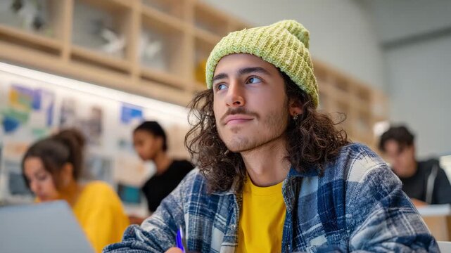 Young Male Student with Beanie Thoughtfully Engaged in Classroom Learning