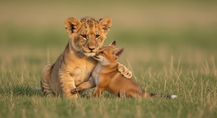 A lion cub and a fox cub are embracing in a field of grass, showcasing an unlikely friendship.