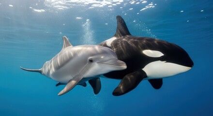 Obraz premium Orca and dolphin swimming together underwater.