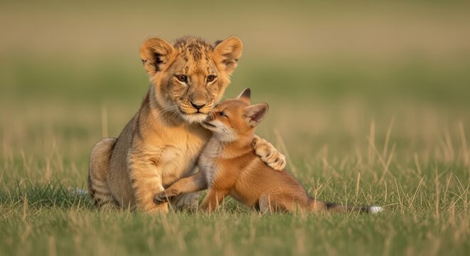 A lion cub and a fox cub are embracing in a field of grass, showcasing an unlikely friendship. - Powered by Adobe